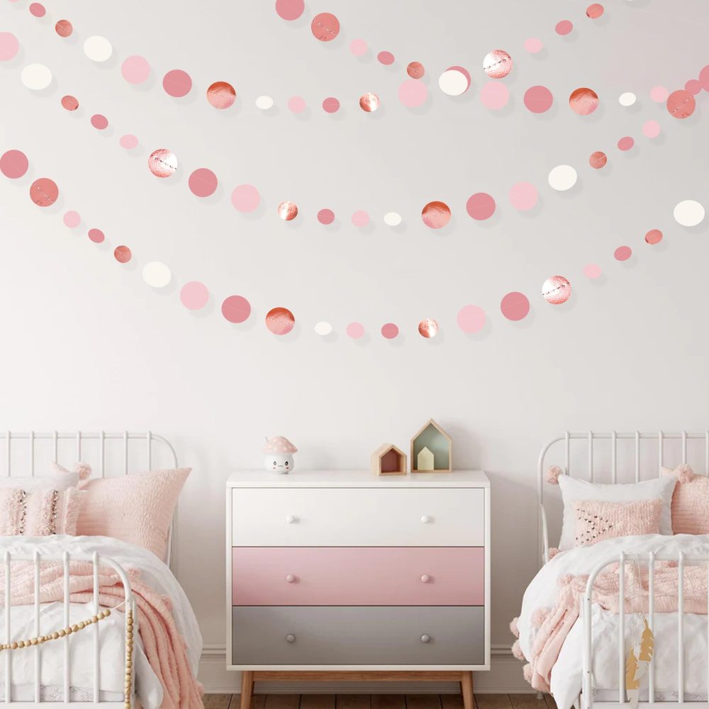 46Ft Rose Gold Blush Pink Circle Dots Garland Party Decorations Dusty Pink Hanging Paper Polka Dots Streamer for Birthday Wedding Bridal Shower Anniversary Bachelorette Engagement Baby Shower Decor - Image 4