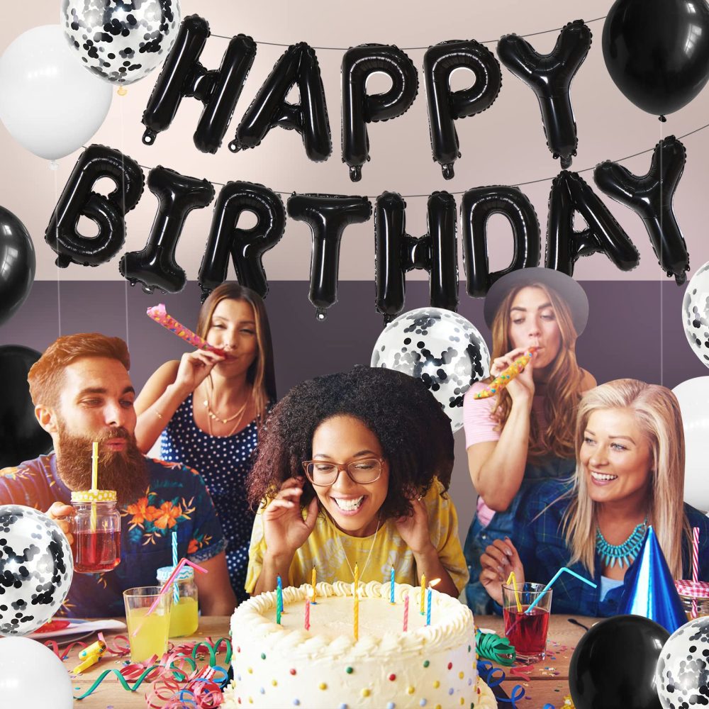 Happy Birthday Banner Black and White Balloons Birthday Decorations, 20pcs Latex Balloons with Black Confetti Balloons, 16 inch "Happy Birthday" Foil Balloons for Boys Girls Men Women Party Supplies - Image 6
