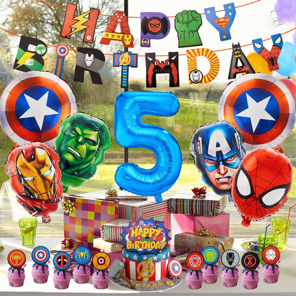 FC Ballons5 21pcs Party Decorations, 5th Super hero Party Decorations, Happy Birthday Mar vel Birthday Banner, Cake Toppers, Balloons for Party Decoration - Image 3