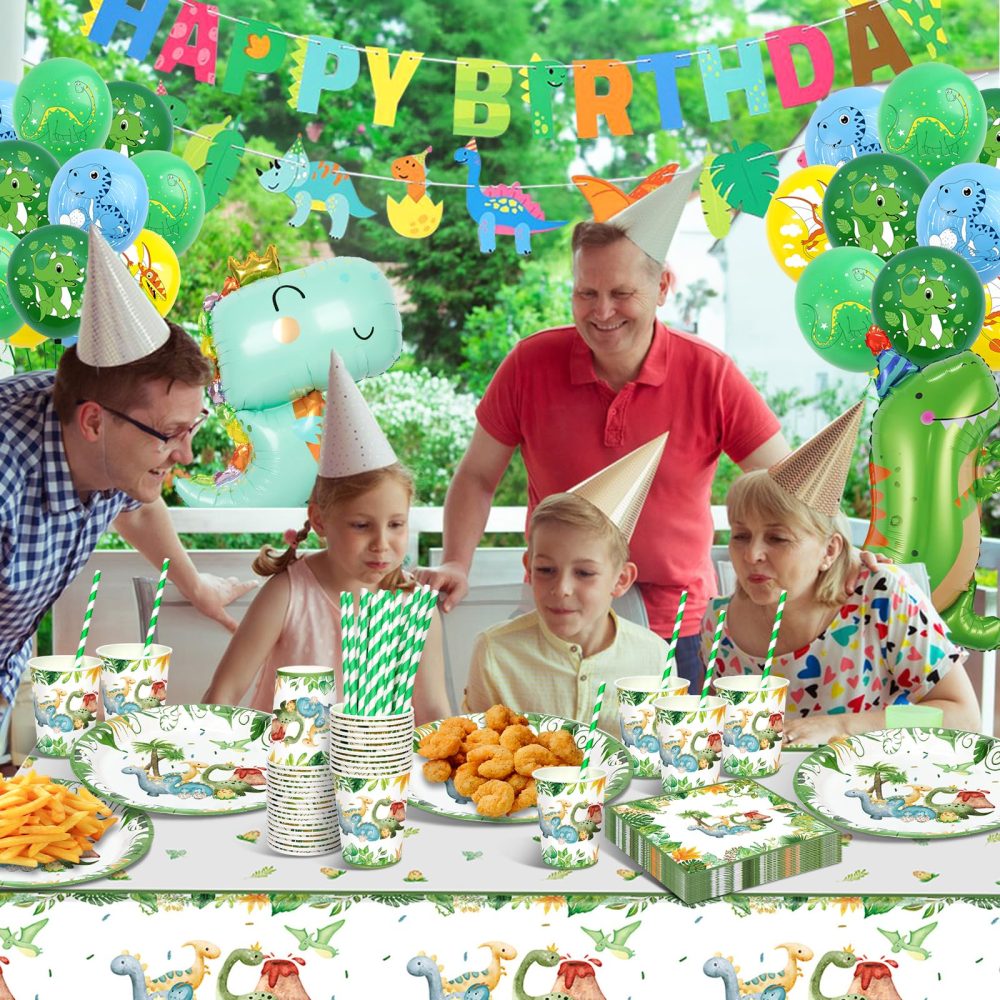 yosiio Dinosaur Party Tableware Set, 16 Guests Dinosaur Birthday Decoration Set, Party Supplies Paper Plates Cups Napkins Table Cloth Balloons for Kids' Birthday Baby Shower - Image 3
