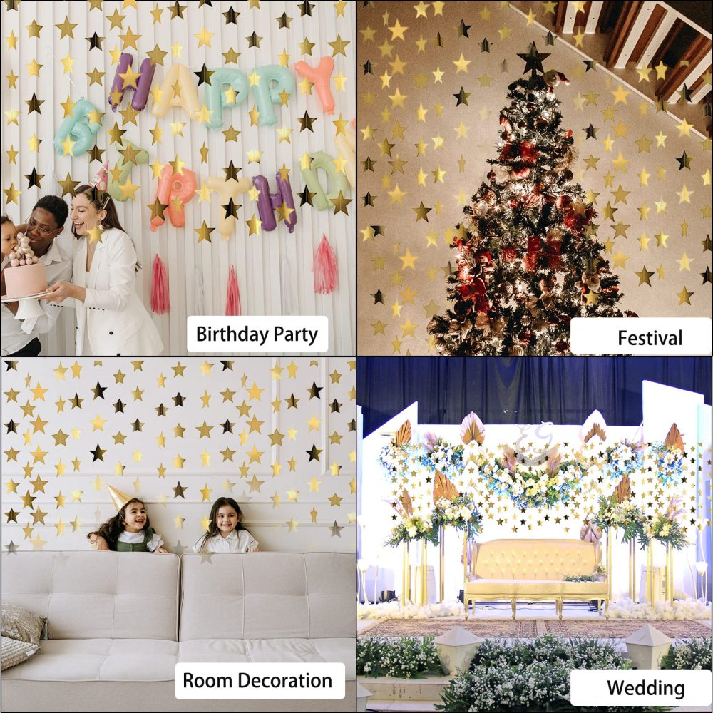52 Feet Reflective Star Paper Garland,Sparkling Star Bunting Banner Hanging Decoration Twinkle Little Star Party Garlands Glitter Star Garland Streamer Kit For Birthday Wedding Banner Backdrop (Gold) - Image 2