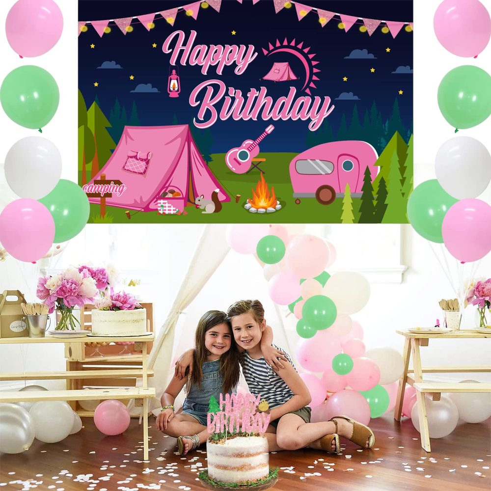 Girl Camping Party Decorations - Pink Camping Party Decorations with Happy Birthday Camping Backdrop, Cake Topper, Banner Garland, Cupcake Topper for Camping Themed Birthday Party Supplies - Image 2