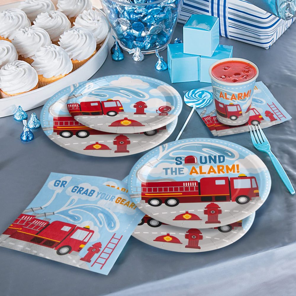Firetruck Birthday Decorations (Serves 24) Dinner Plates, Dessert Plates, Cups, Napkins. Firefighter Birthday Party Supplies for Kids, Boys, Girls and More - Image 2