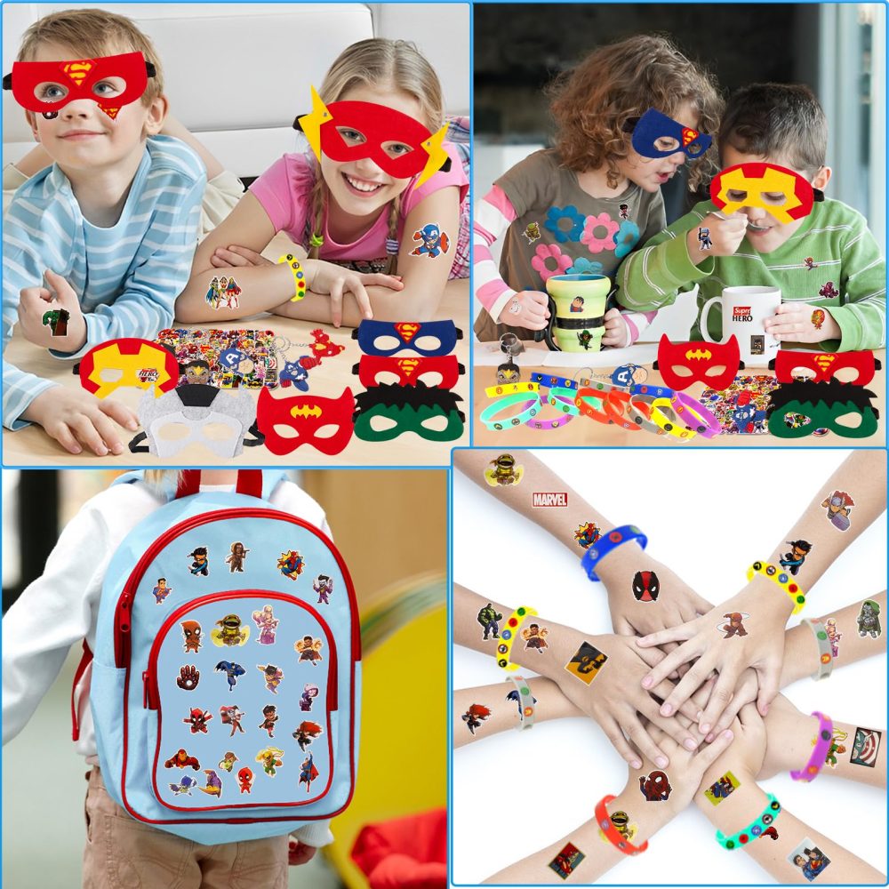 Heartsking 90 Pcs Party Bag Fillers for Kids, Hero Pinata 12 Pcs Masks 12 Pcs Keychains 12 Pcs Silicone Bracelets 50 Pcs Stickers 4 Pcs Tattoos Stickers Theme Birthday Gifts for Boys Girls - Image 6