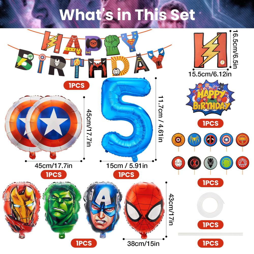 FC Ballons5 21pcs Party Decorations, 5th Super hero Party Decorations, Happy Birthday Mar vel Birthday Banner, Cake Toppers, Balloons for Party Decoration - Image 5
