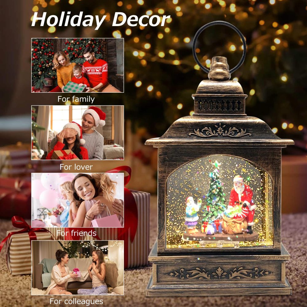 Marsyu Christmas Lantern Musical Christmas Snow Globes USB&Battery Powered Rotating Glittering Water Lanterns with Timer Vintage Christmas Decorations Home Décor Gifts (Santa Tree Little Girl Scene) - Image 4