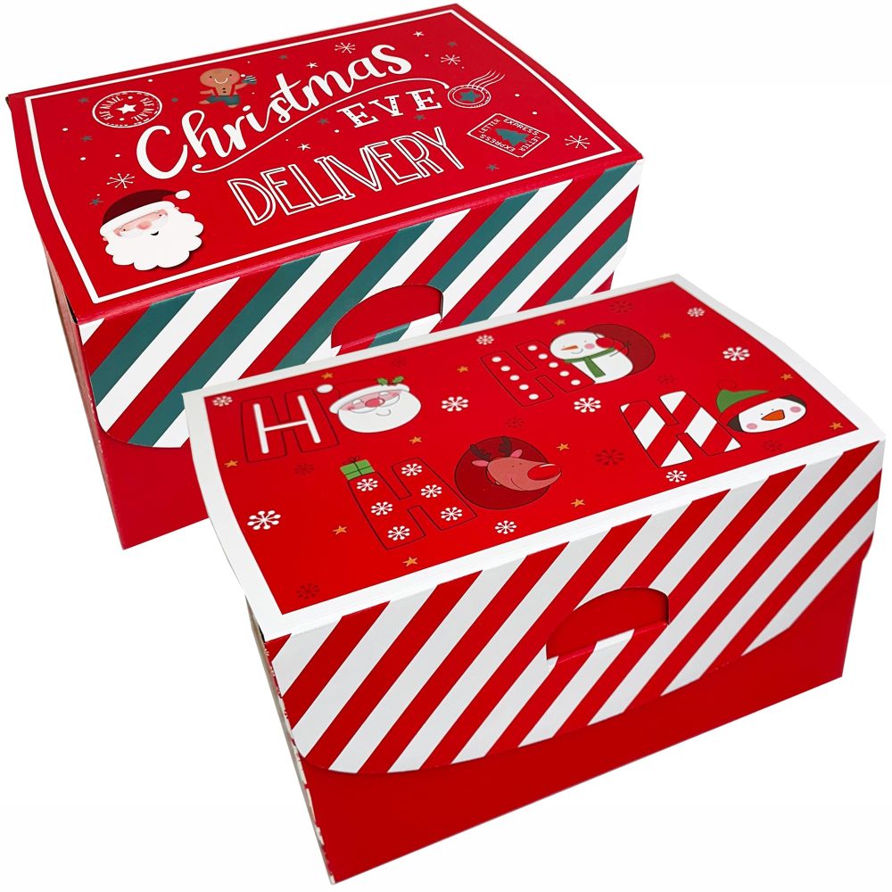 Christmas Eve Box Ho Ho Ho Design Flat Pack Keepsake Box- 100% Recyclable Xmas Gift Boxes with Size 30 x 20 x 17 cm- 2 Christmas Delivery Boxes