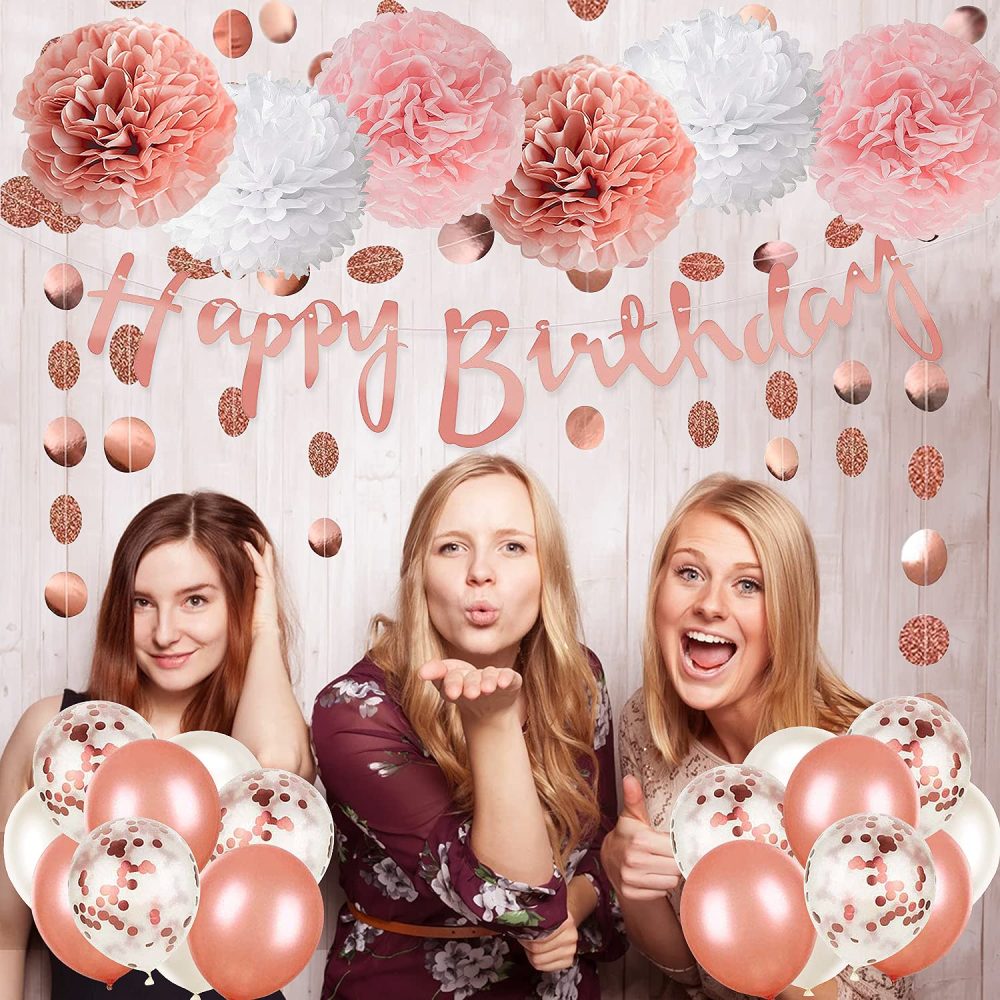 Rose Gold and Pink Birthday Party Decorations Set with Happy Birthday Banner,DIY Cake Topper,Circle Dots Garland,Hanging Swirls,Tissue Paper Pompoms,Paper Tassels Garland,Confetti Balloons - Image 7