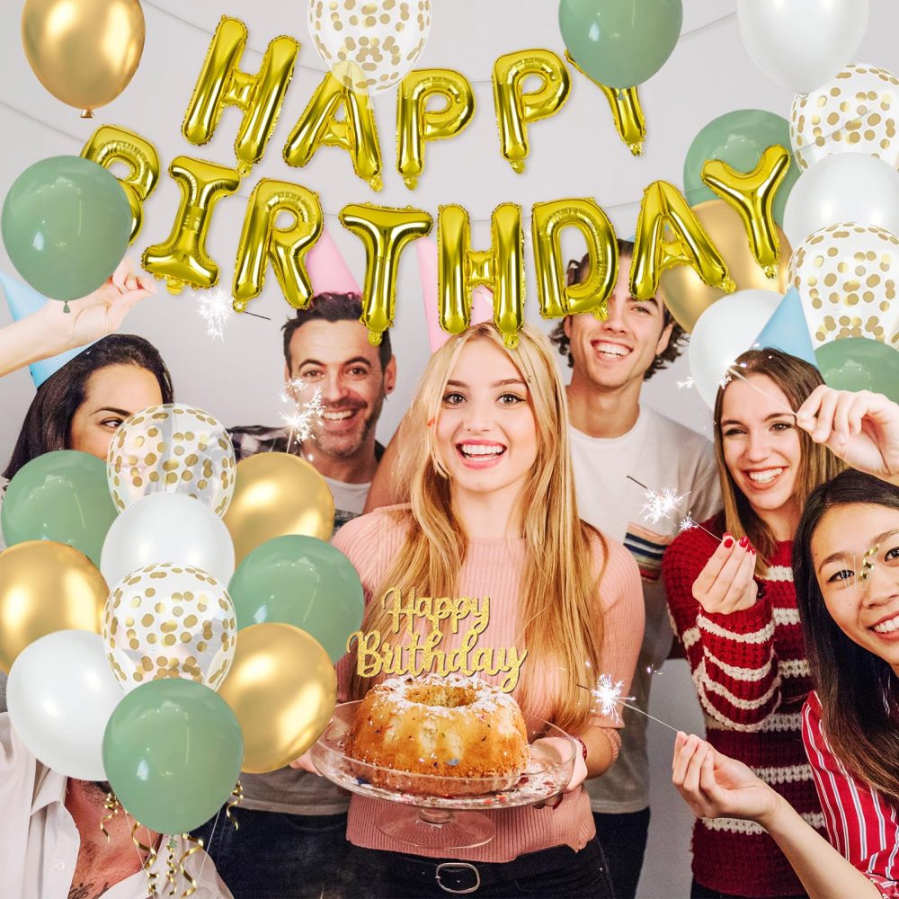 Sage Green Birthday Decorations Set, Happy Birthday Balloons with Sage Green White and Gold Balloons, Happy Birthday Banner and Cake Topper, Party Balloons for Birthday Party Decorations for Men Women - Image 2