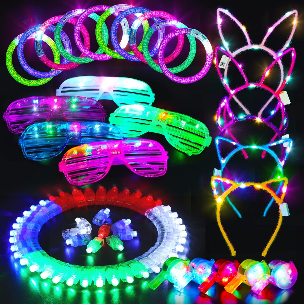 Light Up Toys Party Bag Fillers for Kids - Glow Party Supplies 65 Pack Led Birthday Party Favors for Kids Boys Girls, 5 Light Up Glasses 10 Bracelets 5 Flashing Headbands 5 Necklaces 40 Finger Lights