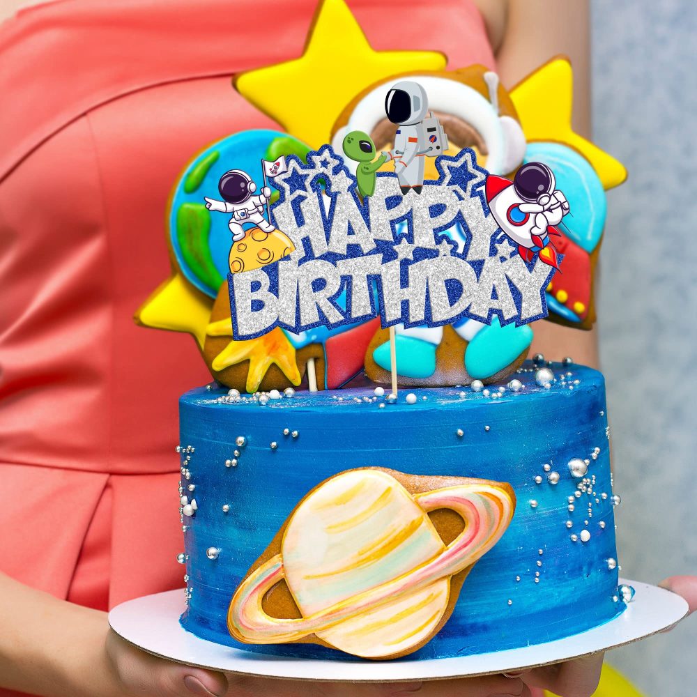 Gyufise 1Pcs Space Happy Birthday Cake Topper Glitter Astronaut Rocket Space Birthday Cake Decorations Outer Space Theme Baby Shower Kids Birthday Party Decorations Supplies - Image 4