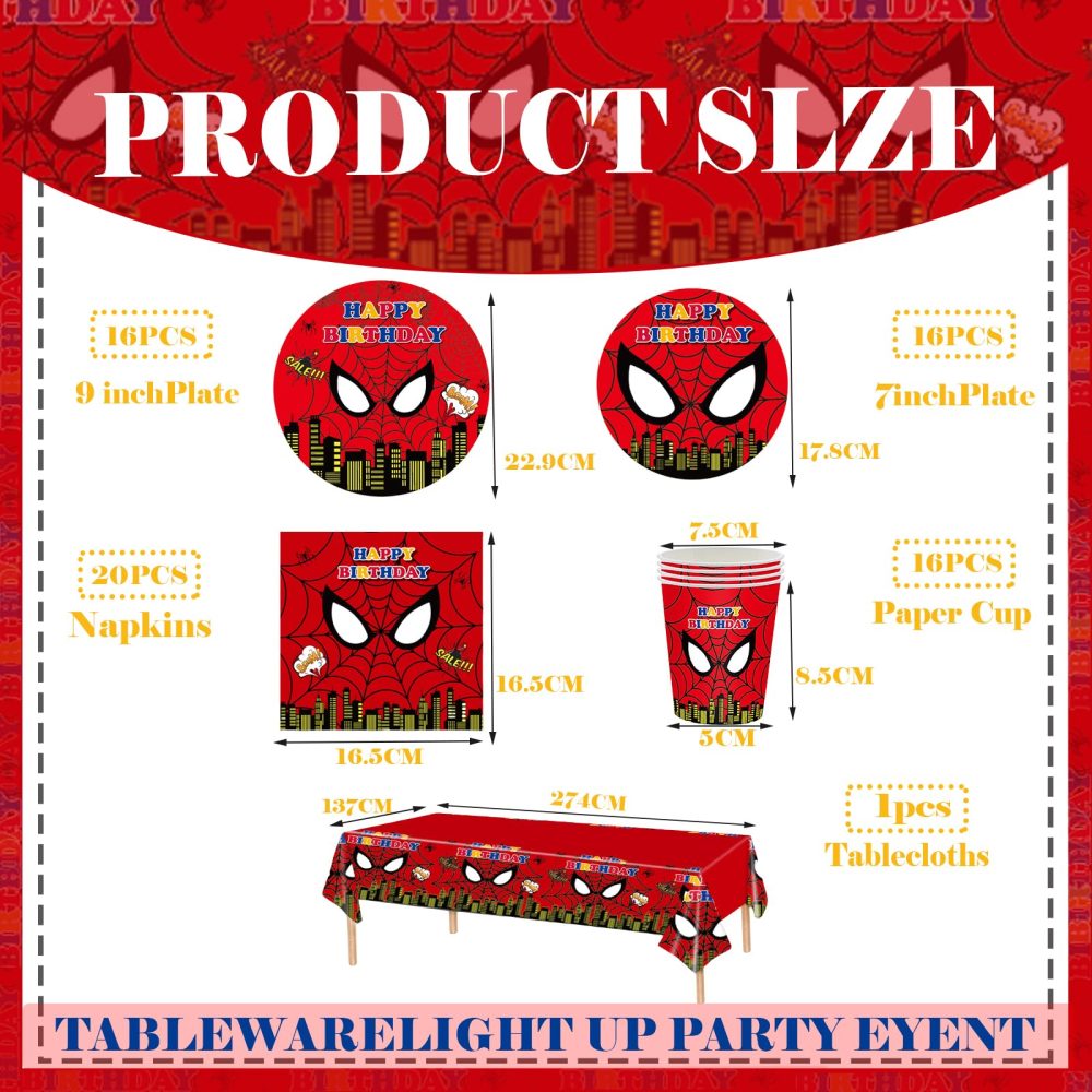 69Pcs Kids Spiderman Birthday Party Tableware Set,Red Plastic Spiderman Table Cloth,Paper Plates Napkins Serviettes and Cups Dinnerware Set for Kids Boys Birthday Superhero Spiderman Party Decorations - Image 5
