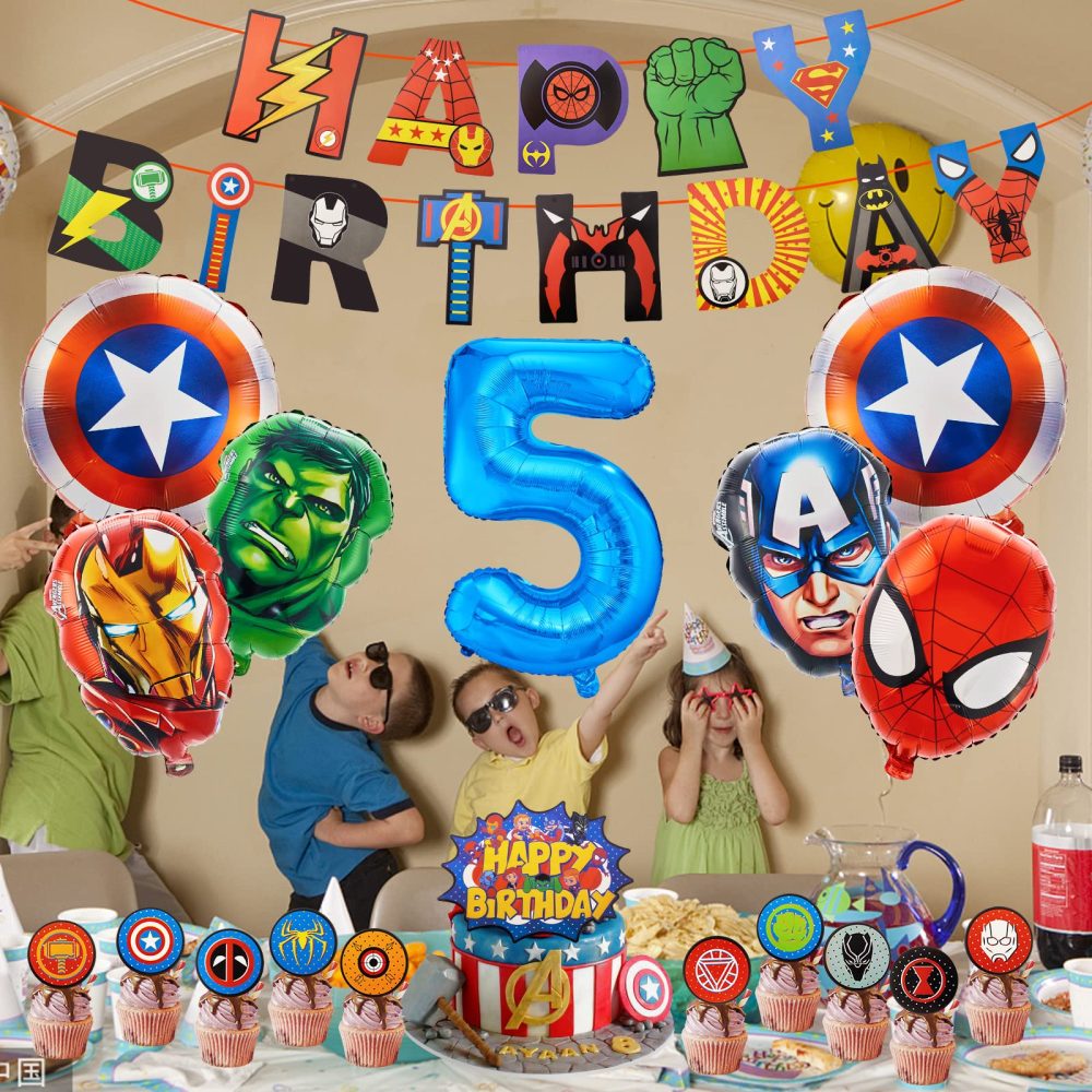 FC Ballons5 21pcs Party Decorations, 5th Super hero Party Decorations, Happy Birthday Mar vel Birthday Banner, Cake Toppers, Balloons for Party Decoration - Image 4