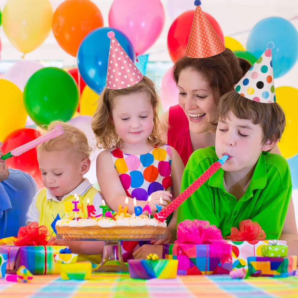 Opopark 11pcs Birthday Party Cone Hats with Pom Poms (9 Hats and 2 Crowns), 15 Pcs Party Blowouts, Mini Paper Party Hat and Blowouts Set for Boys Gilrs Childrens Party Decoration - Image 3
