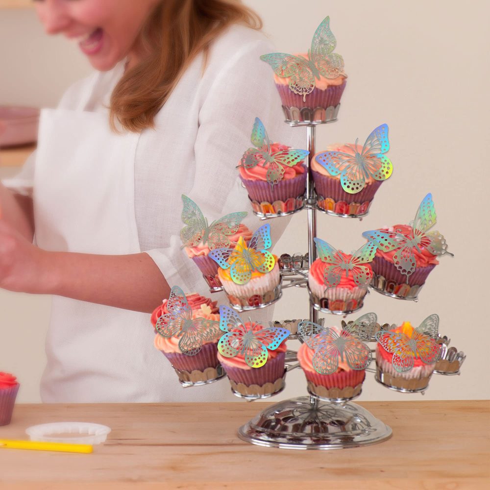 Gyufise 48Pcs Laser Silver Lively 3D Butterfly Cupcake Toppers Mixed Size Hollow Art Butterfly Cake Topper Decorations for Baby Shower Wedding Anniversary Kids Birthday Party Supplies - Image 4
