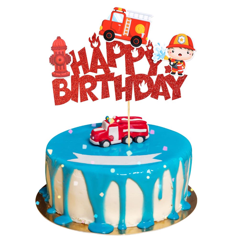 Gyufise 1Pcs Fireman Happy Birthday Cake Topper Glitter Fire Truck Firefighter Cake Pick Fire Department Theme Baby Shower Kids Birthday Party Cake Decorations Supplies Red