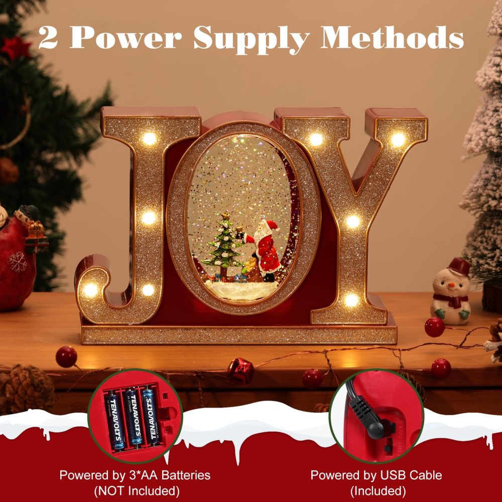 Lewondr Christmas Snow Globes with Music and Light, JOY Crystal Ball with 8 Different Christmas-themed Songs, 6 Hours Timer Function Snow Globe Powered by USB & Battery for Dining Table, Fireplace - Image 4