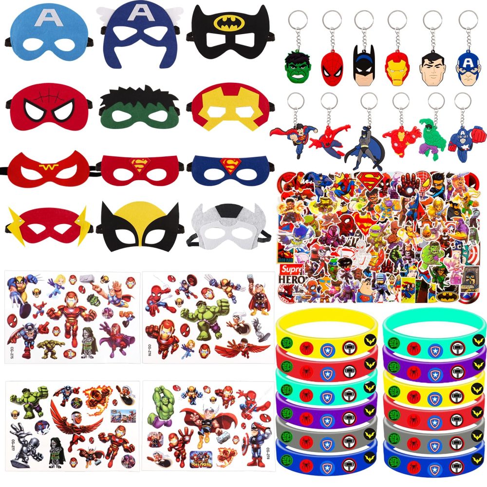 Heartsking 90 Pcs Party Bag Fillers for Kids, Hero Pinata 12 Pcs Masks 12 Pcs Keychains 12 Pcs Silicone Bracelets 50 Pcs Stickers 4 Pcs Tattoos Stickers Theme Birthday Gifts for Boys Girls