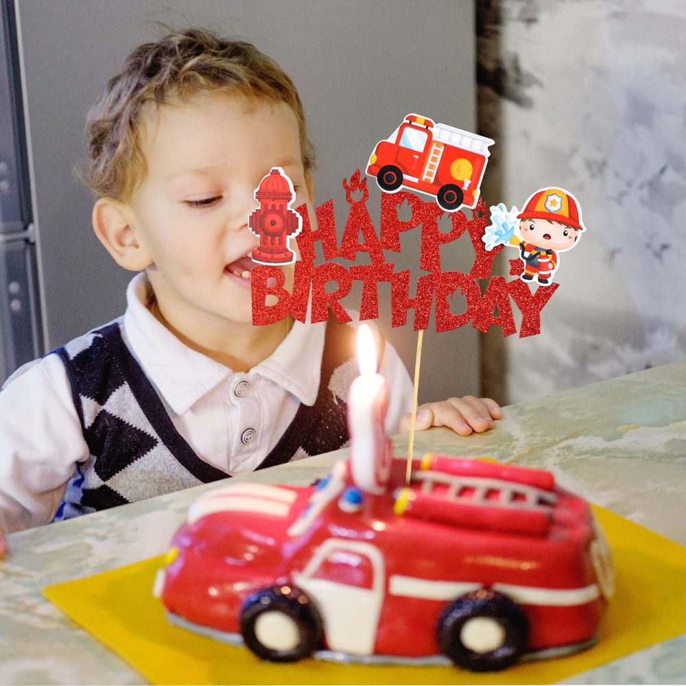 Gyufise 1Pcs Fireman Happy Birthday Cake Topper Glitter Fire Truck Firefighter Cake Pick Fire Department Theme Baby Shower Kids Birthday Party Cake Decorations Supplies Red - Image 5
