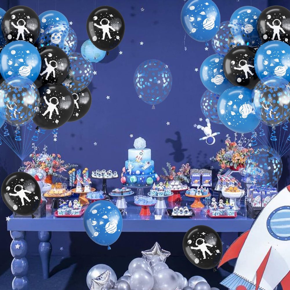 Space Party Balloons, 12 Inch Outer Space Themed Party Balloons Set Blue Black Confetti Helium Latex Balloons Astronaut Planet Balloons for Kids Boys Birthday Baby Shower Party Decoration Supplies - Image 3