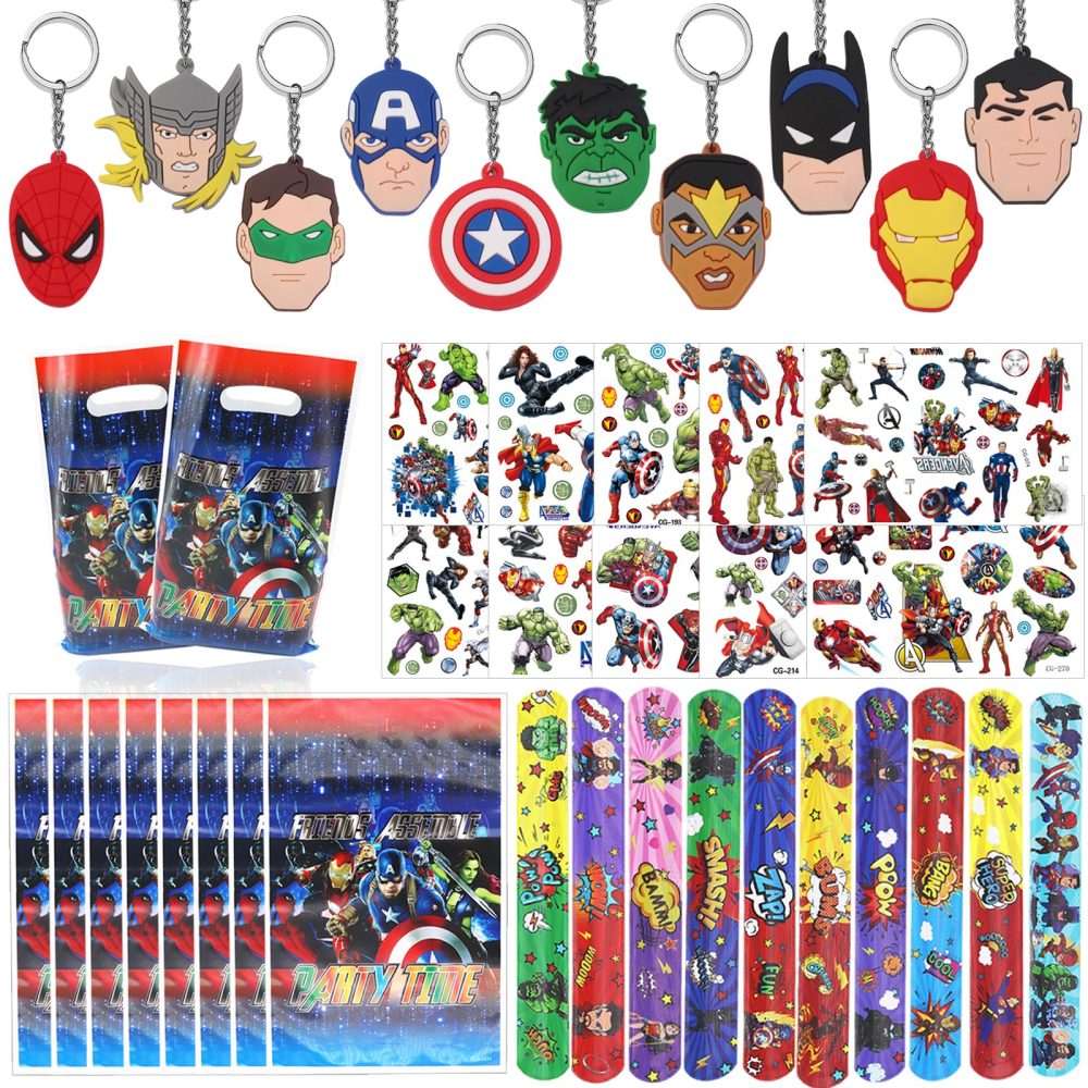 40Pcs Avenger Party Favors for Kids, Superhero Theme Party Supplies with Slap Bracelets Keychain Tattoos Stickers and Goodie Gift Bags Assorted Toys for Kids Boys Girls Birthday Party Decoration