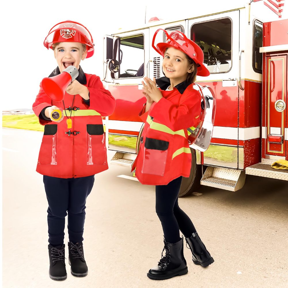 deAO Washable Kids Fireman Costume Role Play Toys with 13 Fire Fighter Toy Accessories, Storage Backpack and Water Shooting Extinguisher - Fancy Dress for Kids & Toddlers Halloween - Image 6