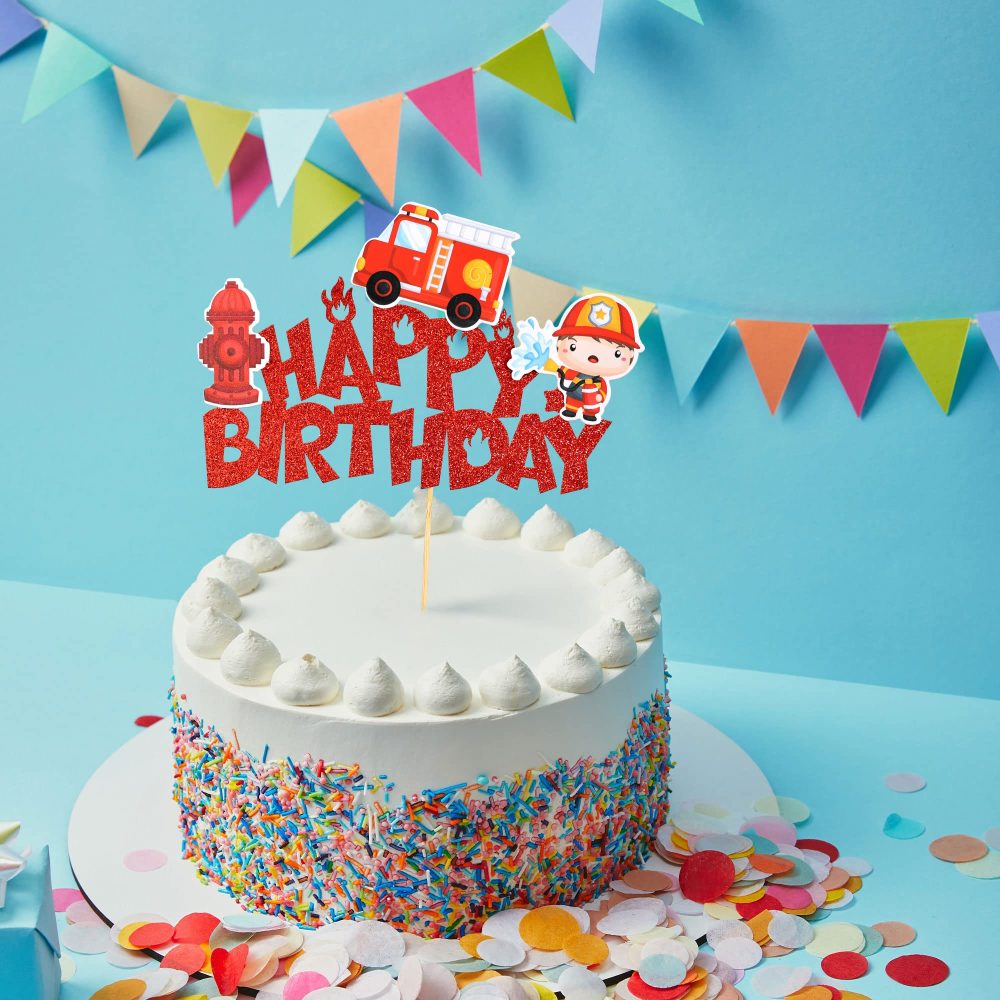 Gyufise 1Pcs Fireman Happy Birthday Cake Topper Glitter Fire Truck Firefighter Cake Pick Fire Department Theme Baby Shower Kids Birthday Party Cake Decorations Supplies Red - Image 2
