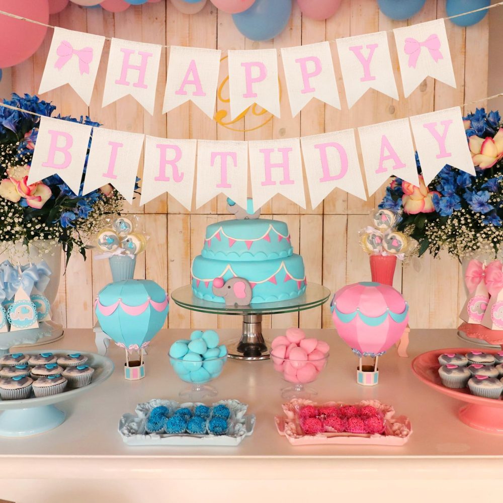 Burlap Happy Birthday Banner, Assembled Pink Bow Birthday Garland Happy Birthday Sign for Rustic Birthday Party Decorations - Image 4