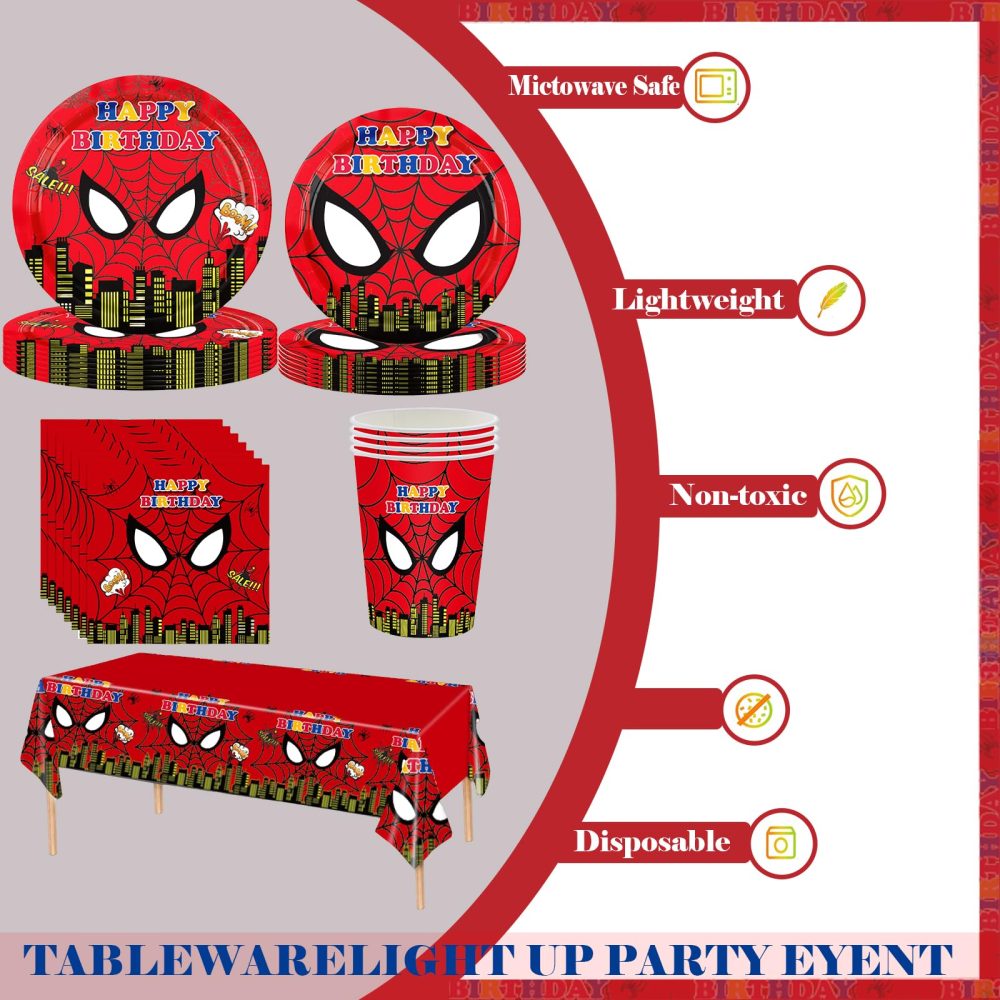 69Pcs Kids Spiderman Birthday Party Tableware Set,Red Plastic Spiderman Table Cloth,Paper Plates Napkins Serviettes and Cups Dinnerware Set for Kids Boys Birthday Superhero Spiderman Party Decorations - Image 4