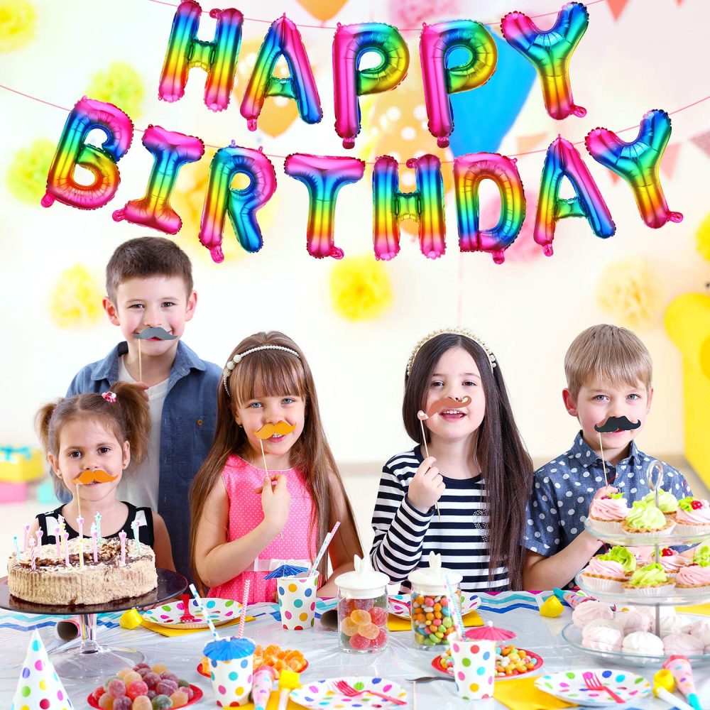 16 Inch Happy Birthday Balloon Banner Rainbow Self Inflating Metallic Aluminum Foil Letter Balloons Ribbon Included for Kids Adults Wedding Festival Holiday Party Decorations - Image 2