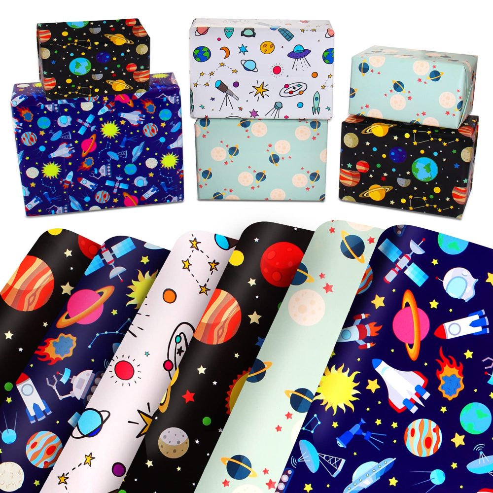 Space Wrapping Paper Birthday Wrapping Paper for Boys Girls,Gift Wrapping Paper Kids with Blue White Navy Birthday Paper for Present Wrapping Paper Sheets with Galaxy Spaceship Birthday Gift Wrap Set