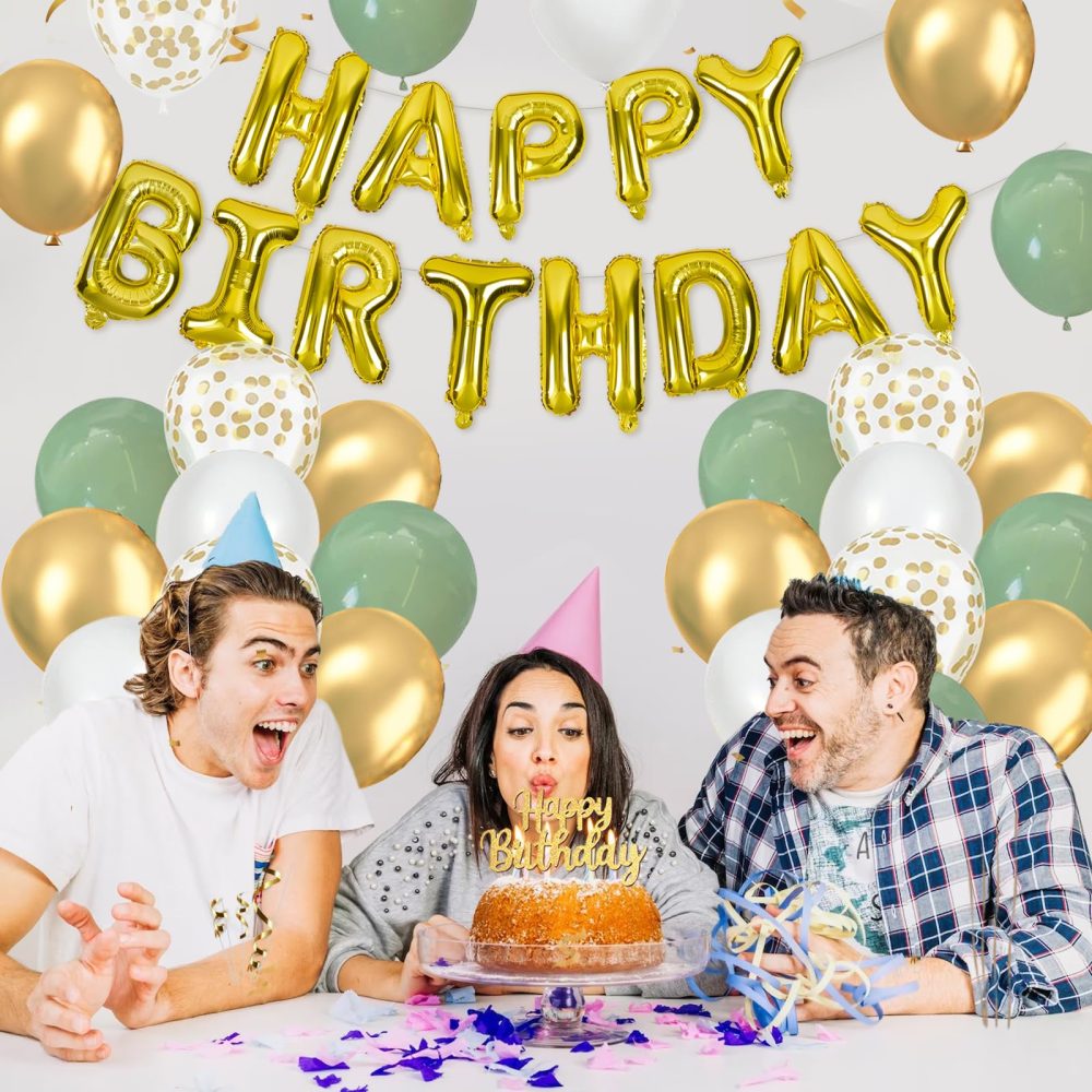 Sage Green Birthday Decorations Set, Happy Birthday Balloons with Sage Green White and Gold Balloons, Happy Birthday Banner and Cake Topper, Party Balloons for Birthday Party Decorations for Men Women - Image 3