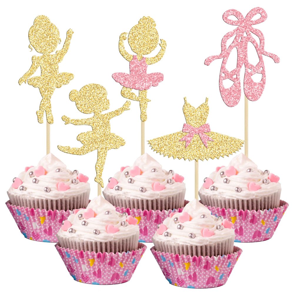 Gyufise 24Pcs Ballerina Tutu Cupcake Toppers Gold Glitter Ballet Girl Cupcake Toppers Ballet Slipper Cupcake Picks for Ballerina Theme Baby Shower Birthday Party Cake Decoration Supplies