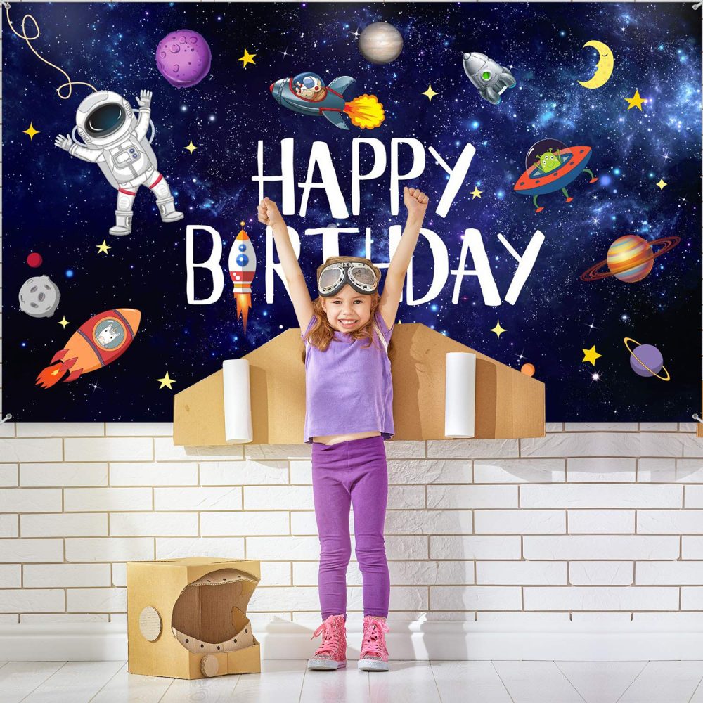 Boao Outer Space Happy Birthday Photography Background Astronaut Rocket Backdrop Banner for Children's Birthday Galaxy Planet Party Photo Booth Backdrop,White,6.1 x 3.6 Feet - Image 3