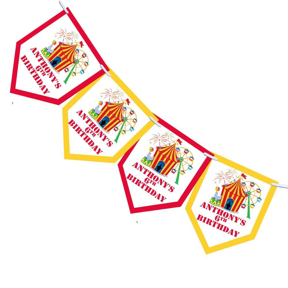 Personalised Circus Theme Birthday Bunting for Party Thank You Sweet Cone Bags (Bunting, Red)