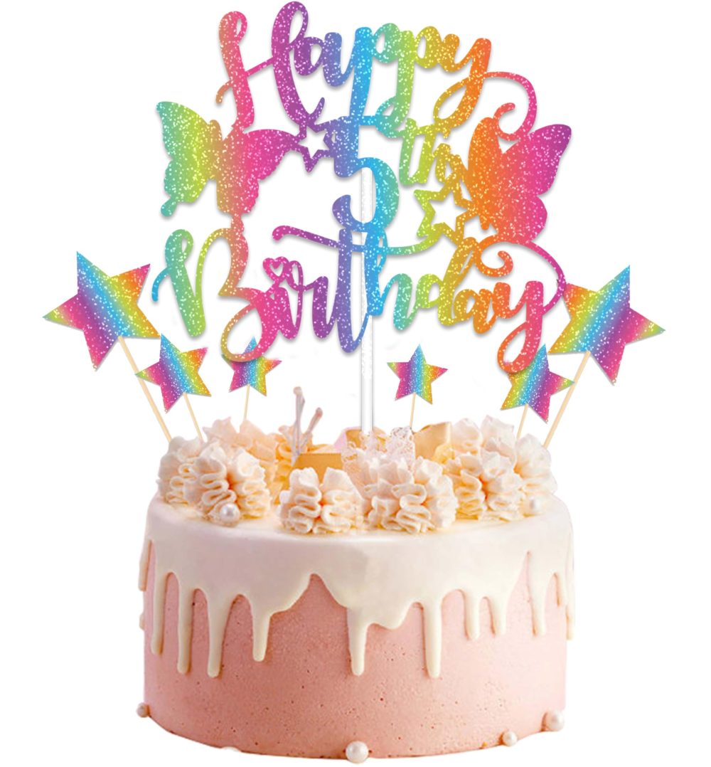 Joyeah Happy 5th Birthday Butterfly Cake Decorations, Butterfly Cake Topper Colorful Butterfly Cake Toppers Butterfly Cupcake Topper for Girls Birthday Wedding Party Fairy