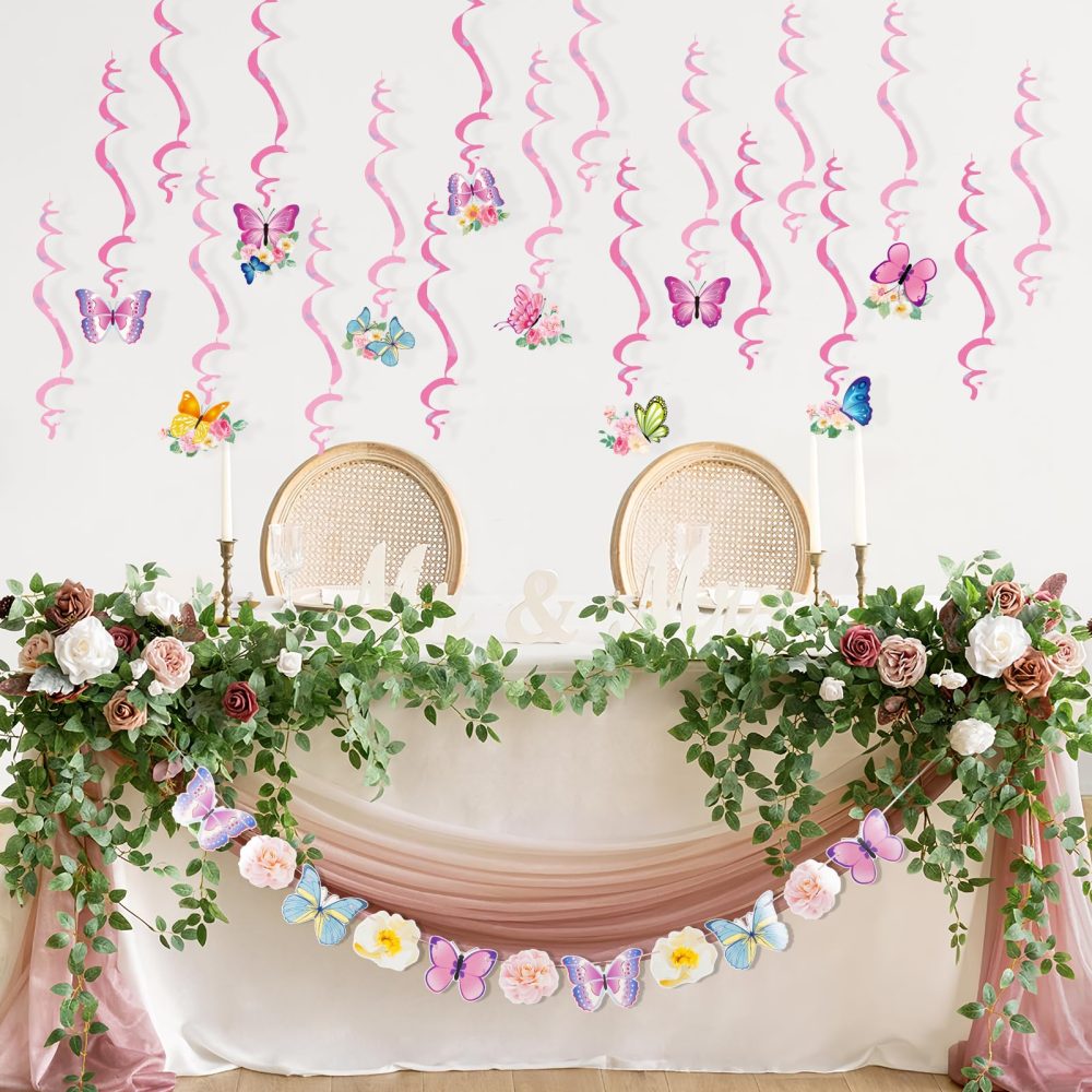 SUNBEAUTY Butterfly Birthday Party Decorations Paper Flowers Hanging Butterfly Decorations Butterfly Birthday DIY Banner Hanging Swirls Decorations Birthday Decorations for Women Girls Children - Image 4