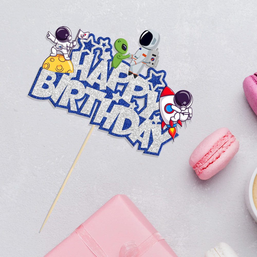 Gyufise 1Pcs Space Happy Birthday Cake Topper Glitter Astronaut Rocket Space Birthday Cake Decorations Outer Space Theme Baby Shower Kids Birthday Party Decorations Supplies - Image 5