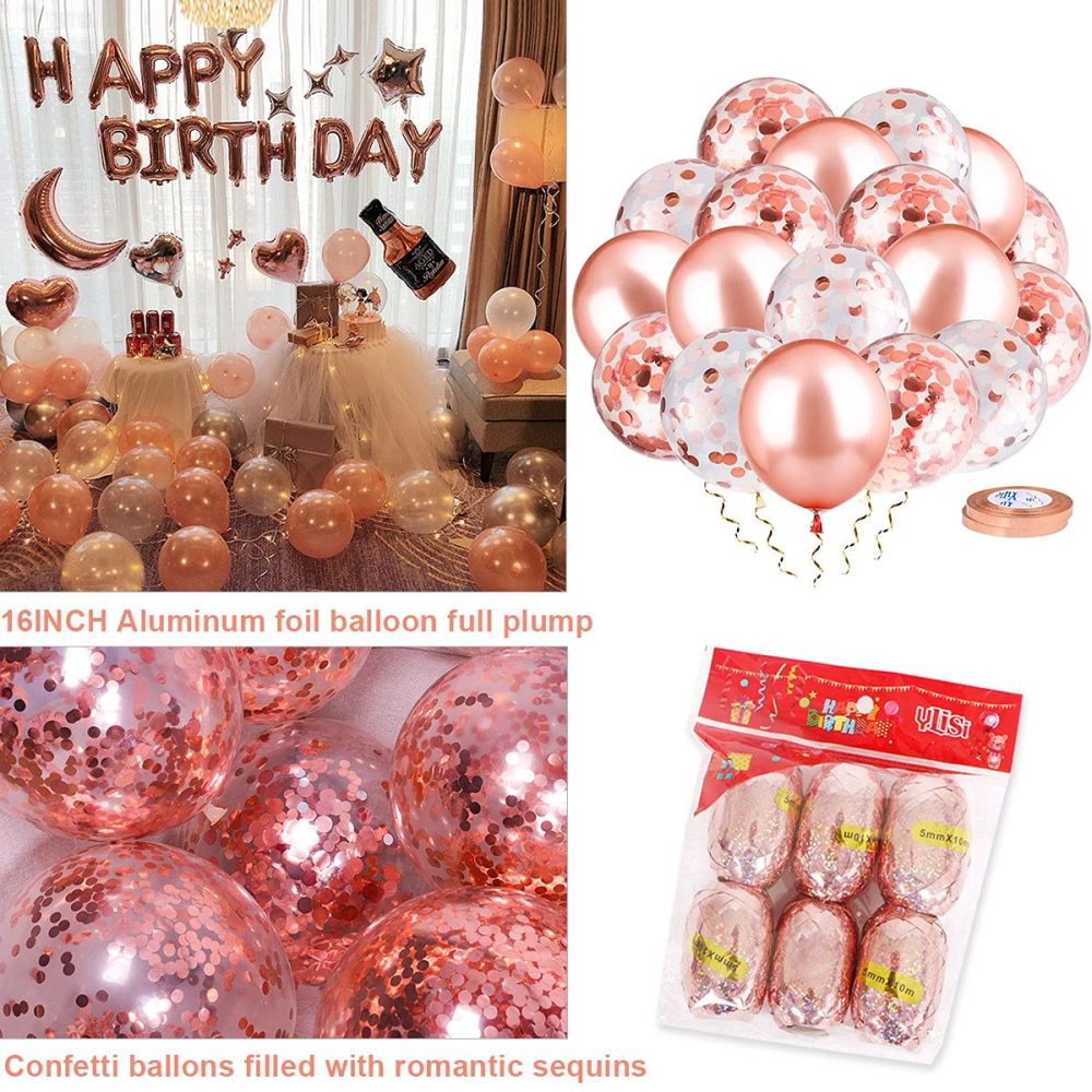 AIBEE 56pcs Birthday Party Decorations,Rose Gold Happy Birthday Balloons Banner,Fringe Curtain Foil Tablecloth Heart Star Foil Confetti Balloons for Man Women Birthday Party - Image 4