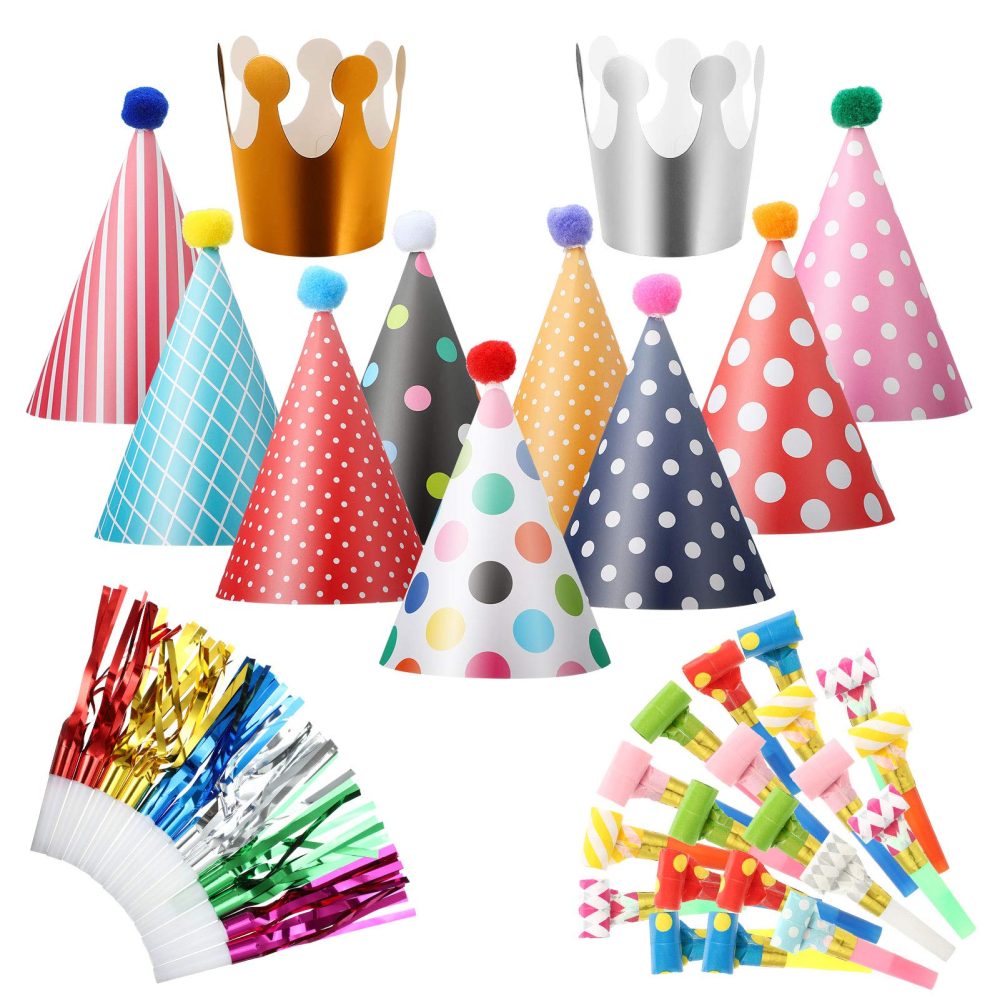 FRIUSATE 38 Pack Party Hats Set, 11PCS Birthday Party Cone Hats Lovely Crown with Pom Poms, 15PCS Colorful Party Blowouts, 12PCS Tassel Blowouts, Birthday Party Hat Decorations for Kids Adults