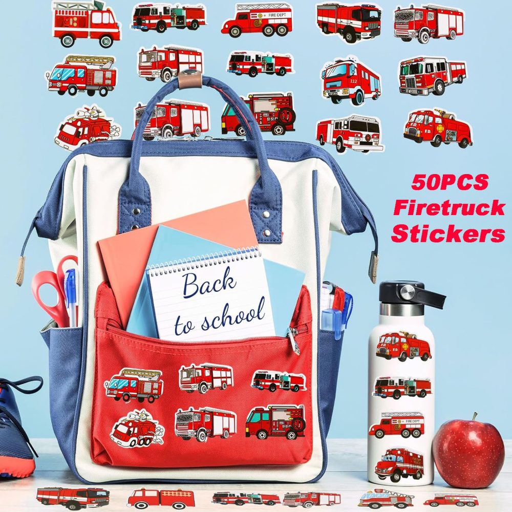 HEMYTAP 98Pcs Firefighter Party Favors for Kids, Fire Truck Themed Birthday Supplies Decorations Include Slap Bracelets, Keychains, Make a Firefighter Stickers, Temporary Tattoos and Vinyl Stickers - Image 4