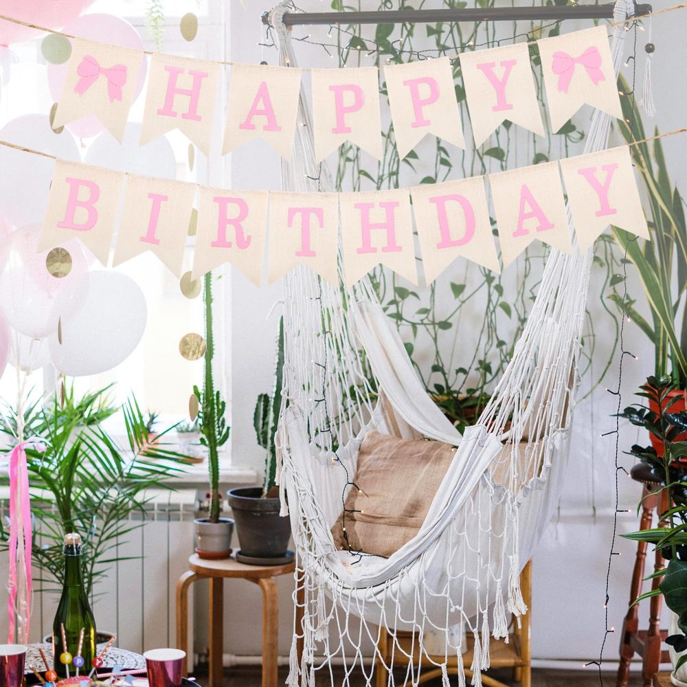 Burlap Happy Birthday Banner, Assembled Pink Bow Birthday Garland Happy Birthday Sign for Rustic Birthday Party Decorations - Image 6
