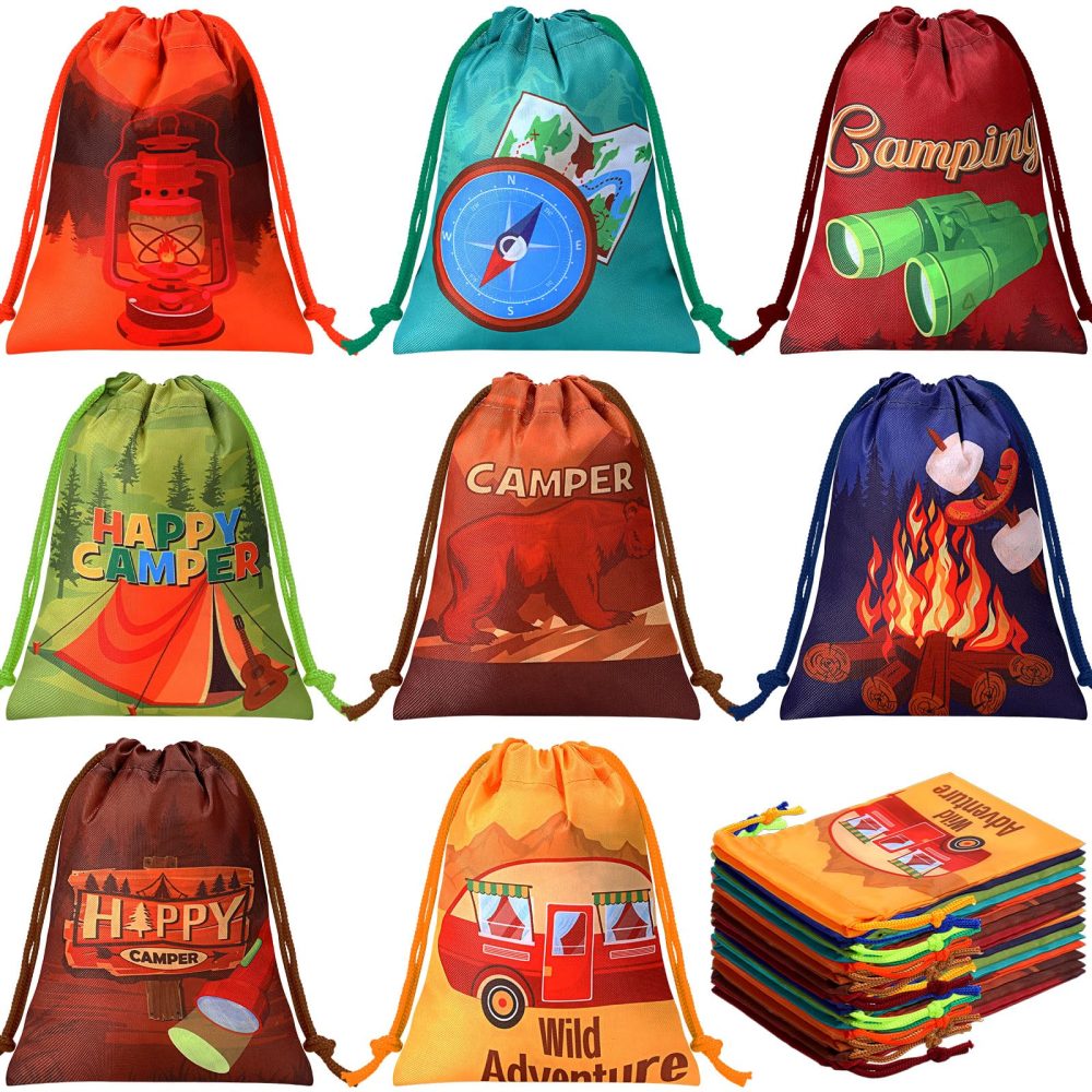 Cunno 24 Pieces Camping Party Favor Bags Camping Gift Treat Bags Camper Theme Goodie Candy Bags Camping Adventure Drawstring Bags for Birthday Hiking Camp Adventure Party Supplies