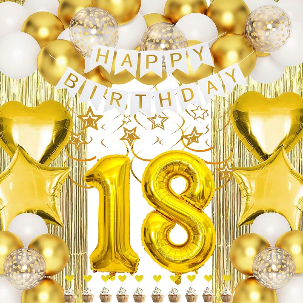 LKFDTW 18th Birthday Decoration for Girl, Gold Happy 18th Birthday Banner, 18th Birthday Balloons, Confetti Latex Balloon Tinsel Curtains Bunting for Women Party Supplies