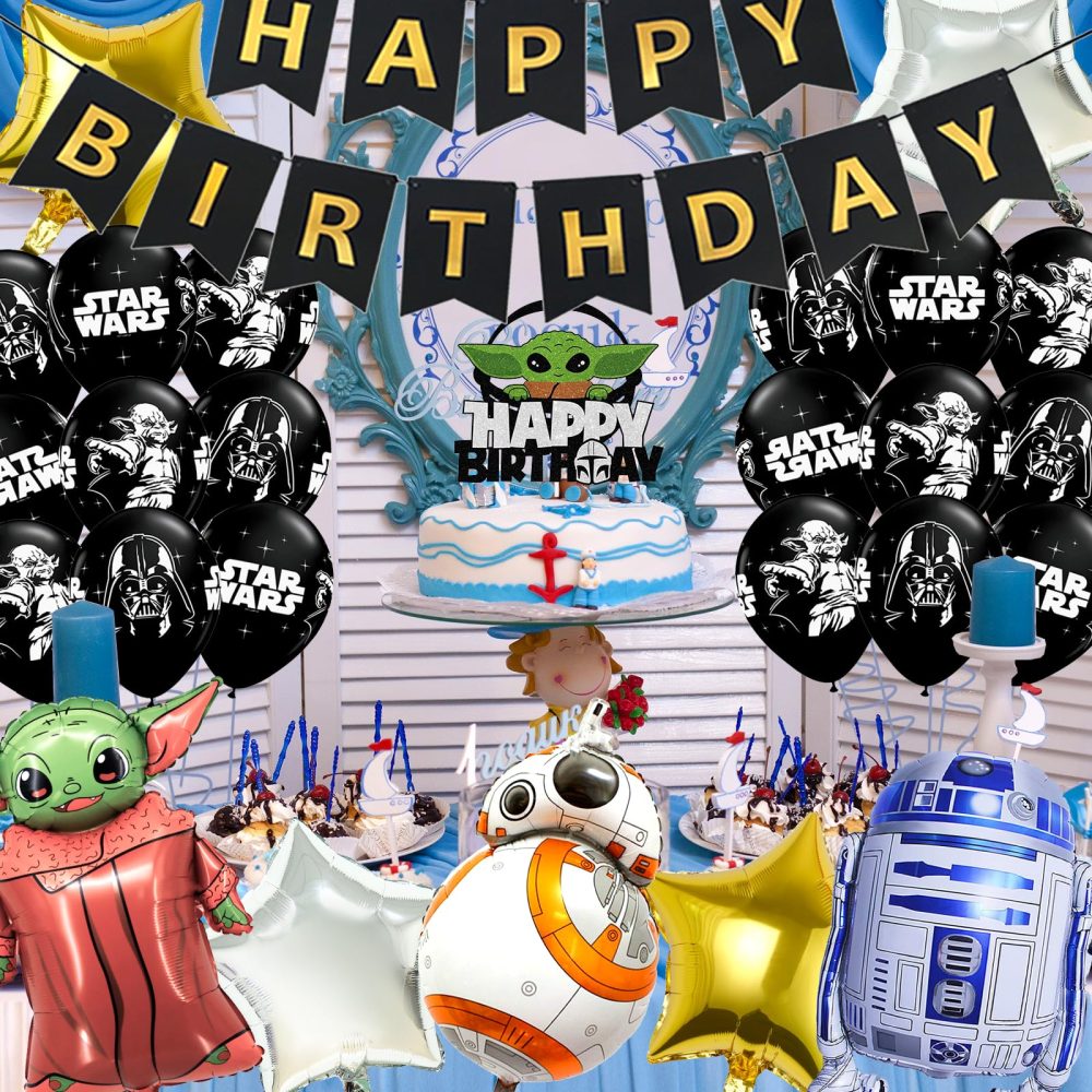 21PCS S-tar Wars Party Balloons, Cartoon Yoda Foil Balloons Wars Theme Birthday Party Decorations Set with Banner Cake Toppers Latex Balloons, Wars Birthday Party Supplies for Kids Boys Girls - Image 2
