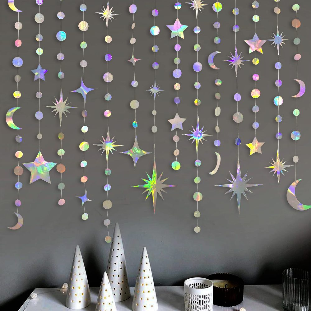 Iridescent Star Moon Circle Dot Garland Party Decoration Kit Hanging Crescent and Twinkle Little Star Streamer Bunting Banner for Kids First Birthday Ramadan EID Mubarak Baby Shower Wedding Decor - Image 4
