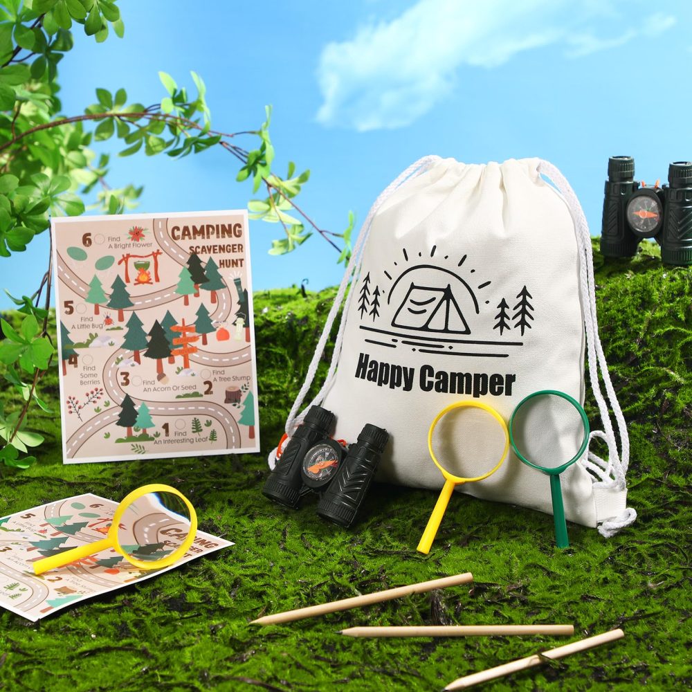 HyDren 8 Sets Camping Party Favors Safari Party Favors with 8 Camping Scavenger Hunt Cards 8 Canvas Gift Bags 8 Binocular Toys 8 Magnifying Glass 9 Pencils Outdoor Exploration Kit Camping Party Games - Image 4