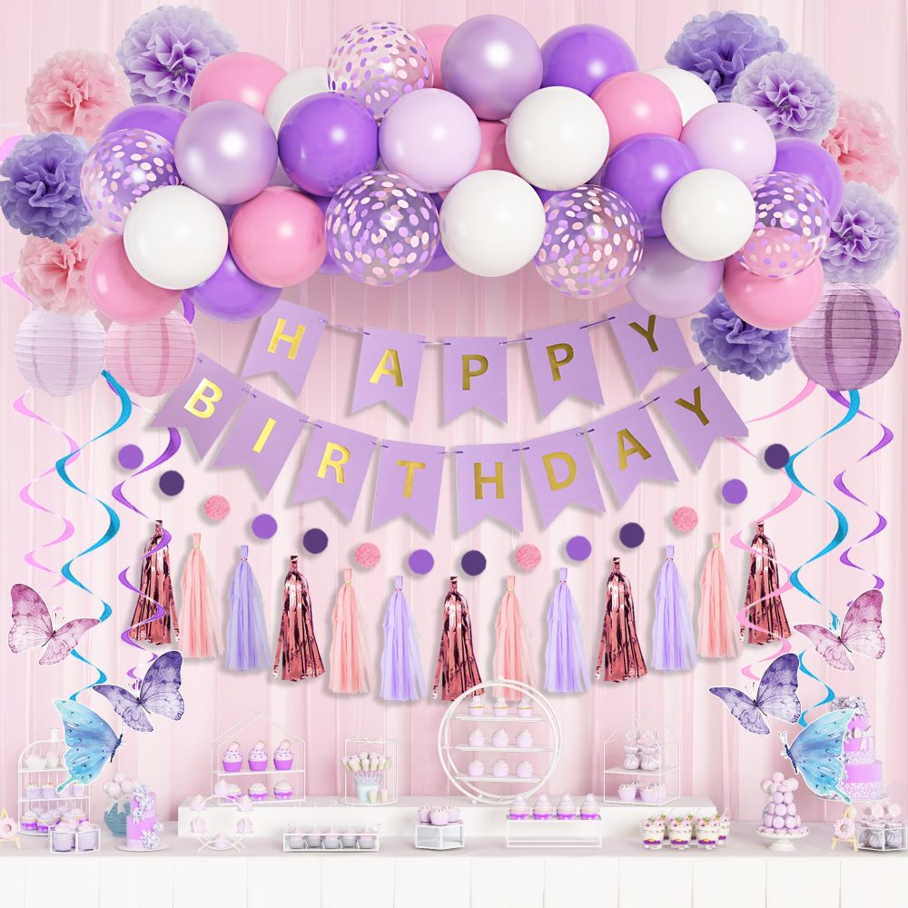 Purple Birthday Decorations for Women Girl Butterfly Theme Birthday Party Supplies 66Pcs Pink and Purple Balloons Pastel Macaron Dreamly Circle Dots Banner Butterfly Hanging Swirl Paper Lanterns Pom