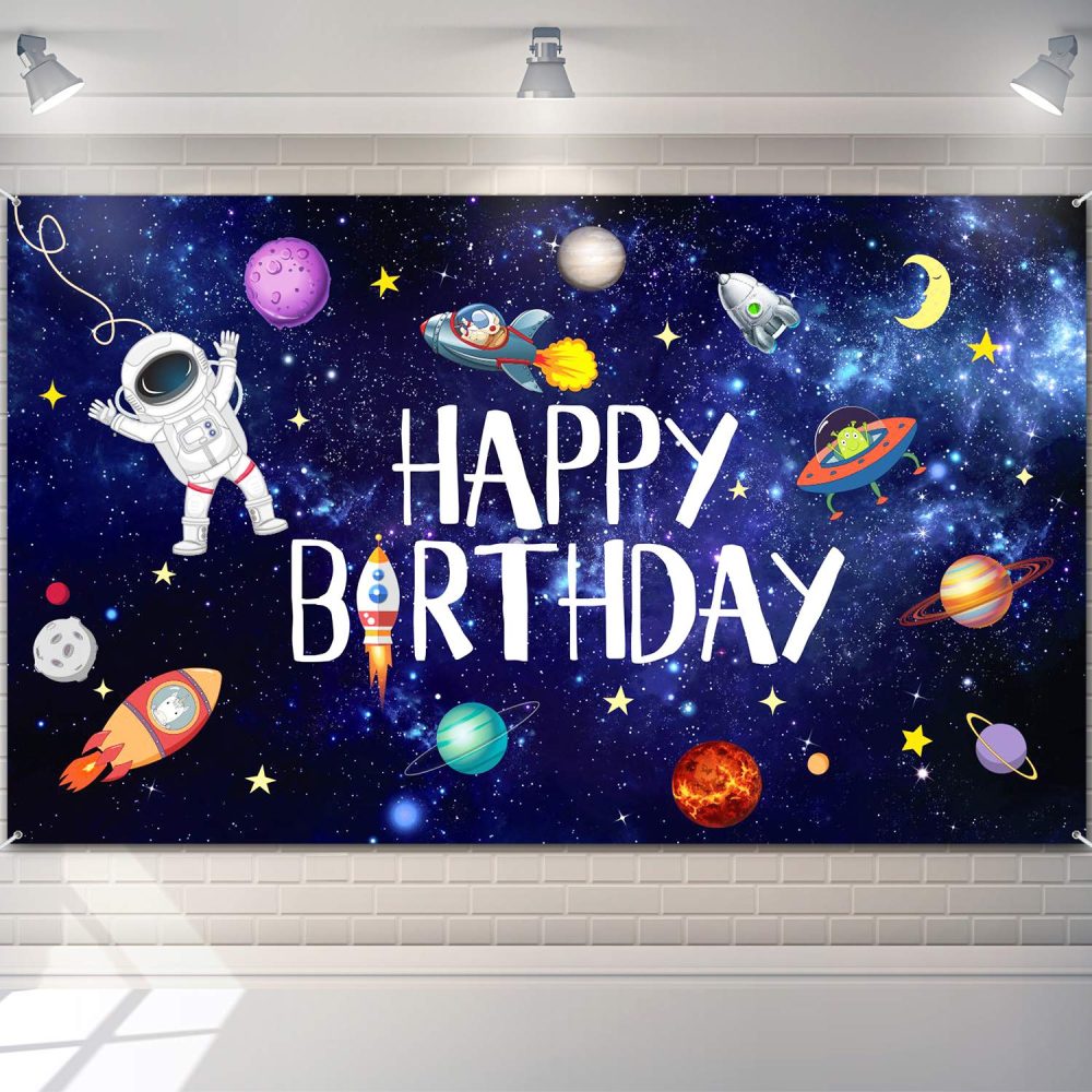 Boao Outer Space Happy Birthday Photography Background Astronaut Rocket Backdrop Banner for Children's Birthday Galaxy Planet Party Photo Booth Backdrop,White,6.1 x 3.6 Feet