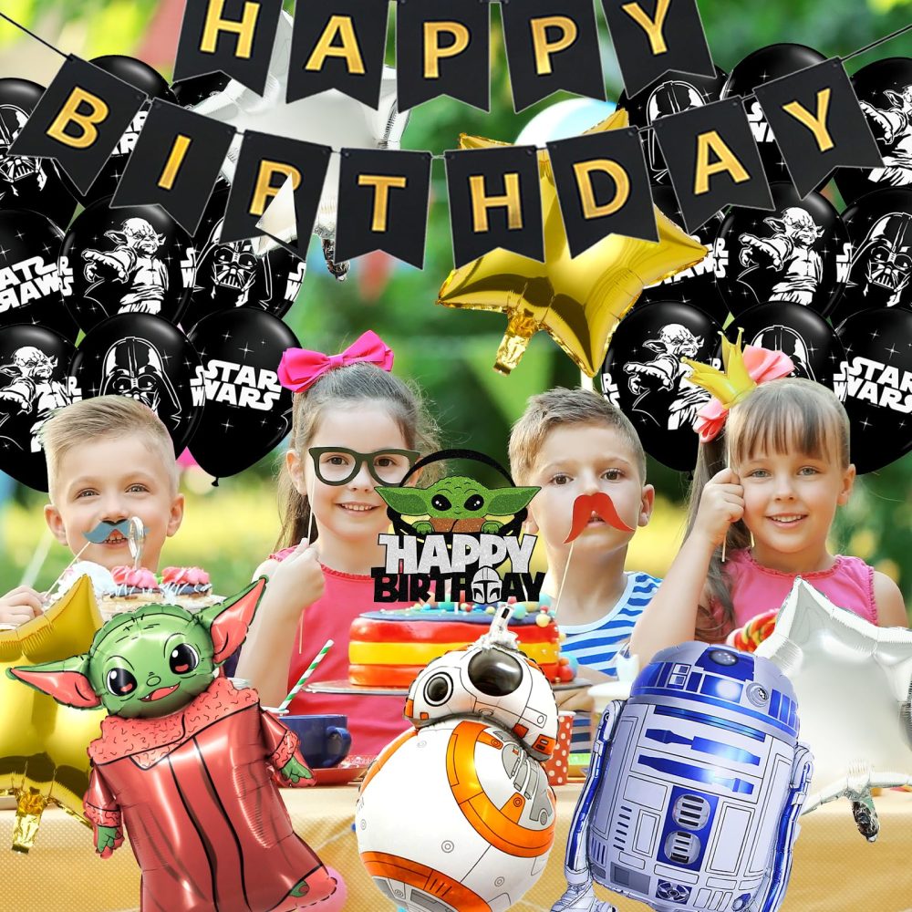 21PCS S-tar Wars Party Balloons, Cartoon Yoda Foil Balloons Wars Theme Birthday Party Decorations Set with Banner Cake Toppers Latex Balloons, Wars Birthday Party Supplies for Kids Boys Girls - Image 3